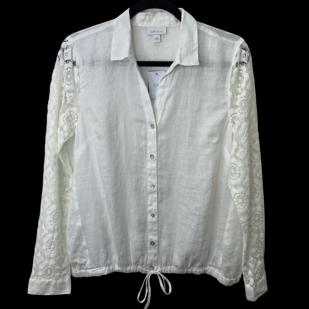J Jill Linen Button‑Down‎ Blouse Womens Small White Lace Sleeve Drawstring Top